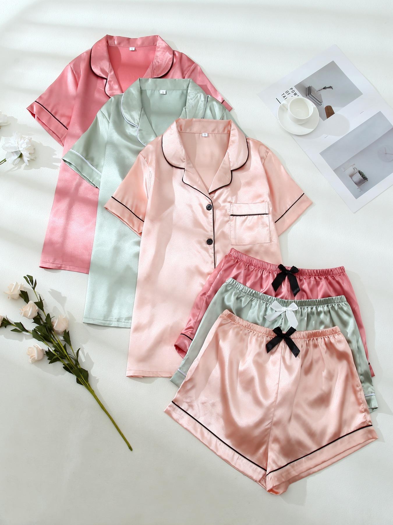 Six-Piece Set Women's Christmas Theme Contrast Binding Short Sleeve Satin Loungewear Set for Christmas Gifts, Summer Outfits 2024, Basic Button Front Shirt & Bow Decor PJ Shorts, Lounge Co-ord Set, Womenswear