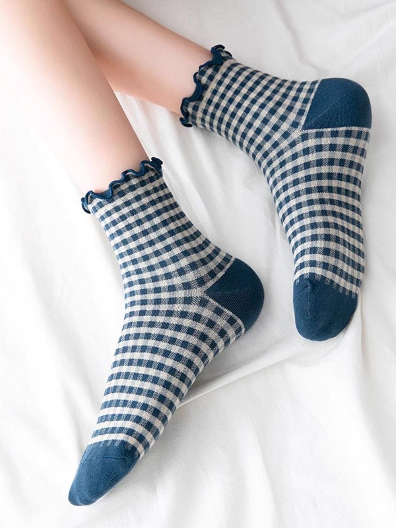 Women's Gingham Pattern Fitted Socks, Casual Crew Socks, Plaid, Casual Everyday Wear, All-Season Comfortable Design, Perfect for Women & Girls, Womenswear