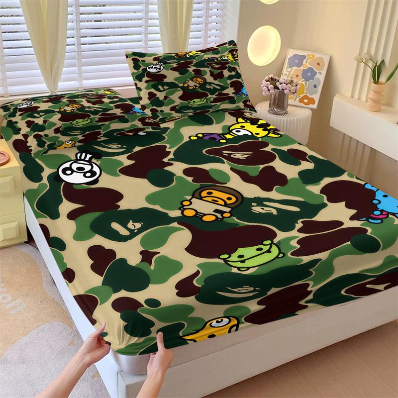 Bape ABC Camo Print 3-Piece Fitted Sheet Set, Includes 2 Pillowcases, Featuring The Classic Brand and Iconic Ape Head Logo. Soft and Comfortable, Perfect for A Street-Style Bedroom Decor. An Ideal Gift for Streetwear Enthusiasts. Bape ABC Camo Print 3-Piece Fitted Sheet Set, Includes 2 Pillowcases, Featuring The Classic Brand and Iconic Ape Head Logo. Soft and Comfortable, Perfect for A Street-Style Bedroom Decor. An Ideal Gift for Streetwear Enthusiasts.
