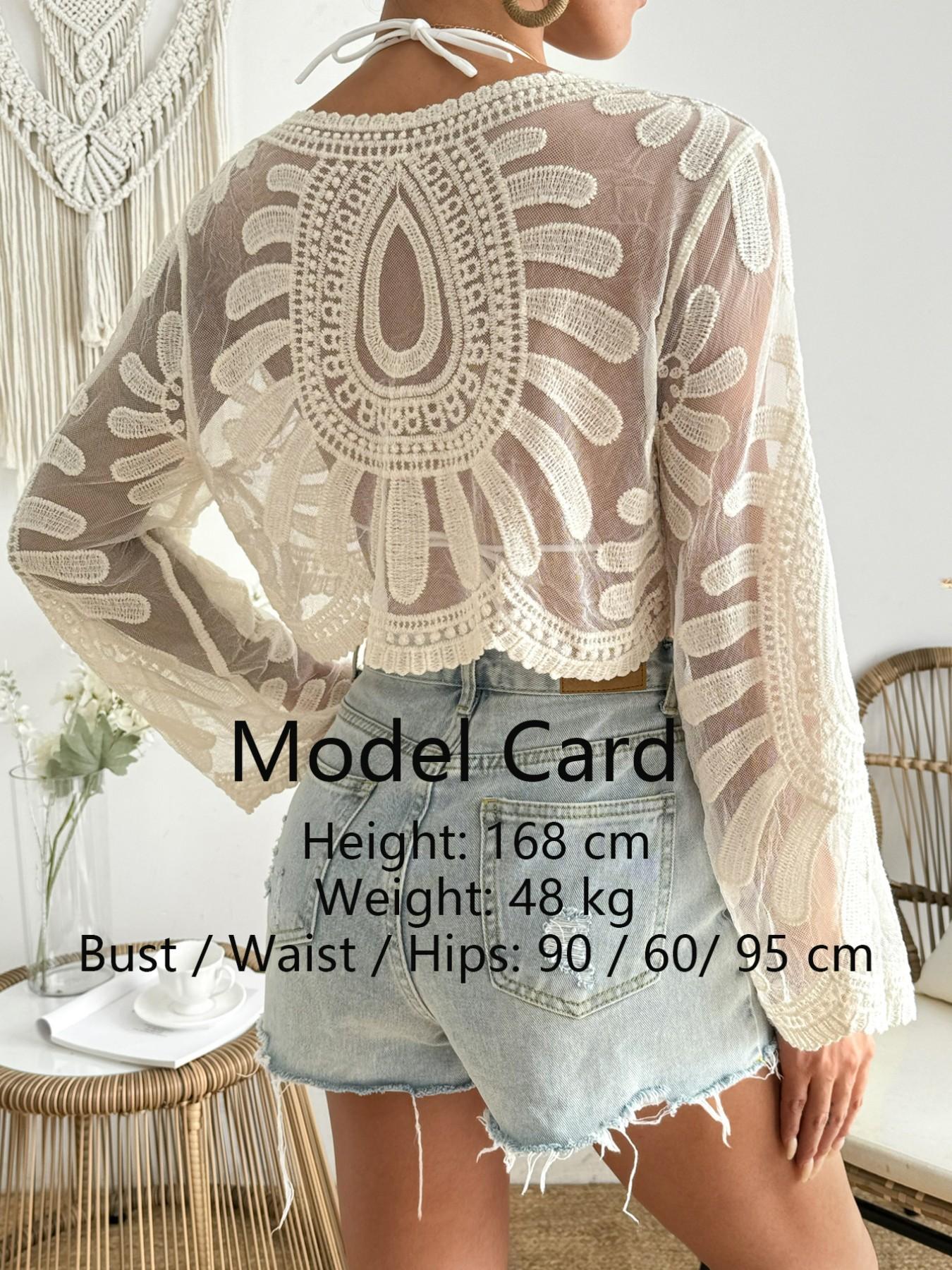 Boho Sunflower Swimsuit Cover-Up, Lightweight Knit Embroidery Mesh Lace Long Sleeve Top, UV Protection, Casual Travel Wear
