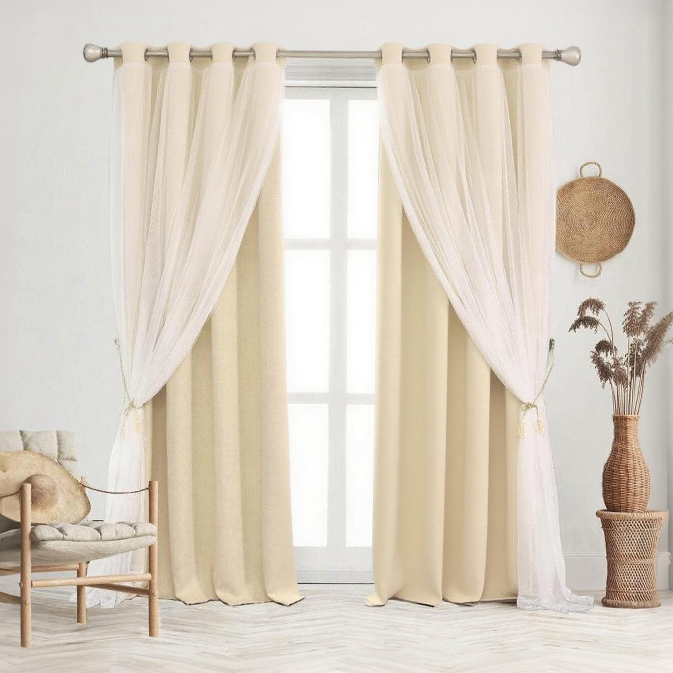2panels Double Layer Blackout Curtain, Pure Color Two-Piece Design, Top Ring Installation, Ideal for Bedroom, Living Room, Party Decor