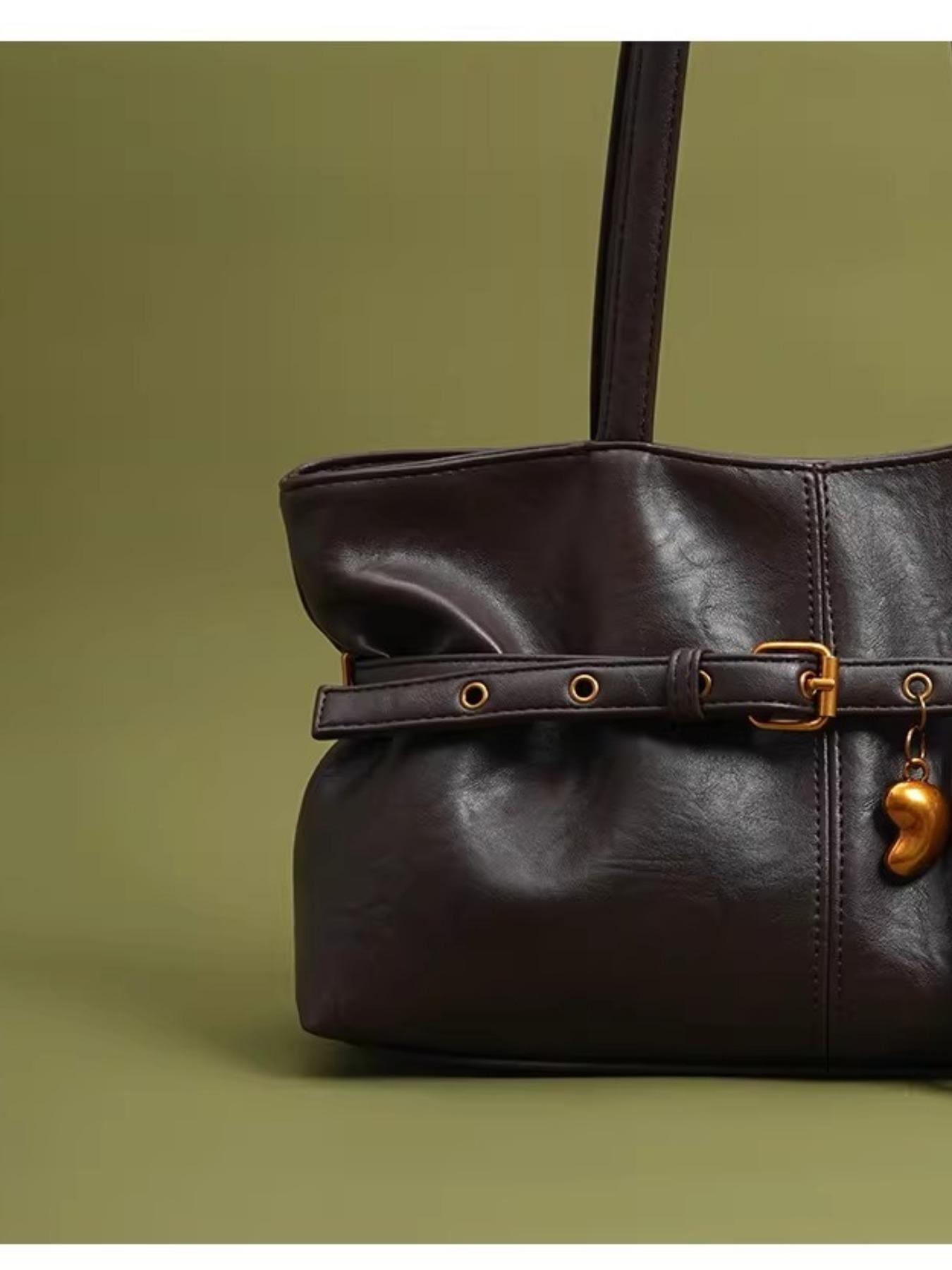 Vintage Faux Leather Crescent Bag -Retro Women's Shoulder Bag | Retro Tote Bag with Belt and Heart Charm Details | Trendy Faux Leather Handbag, Ideal for Commuting, Daily Outfits and Travel