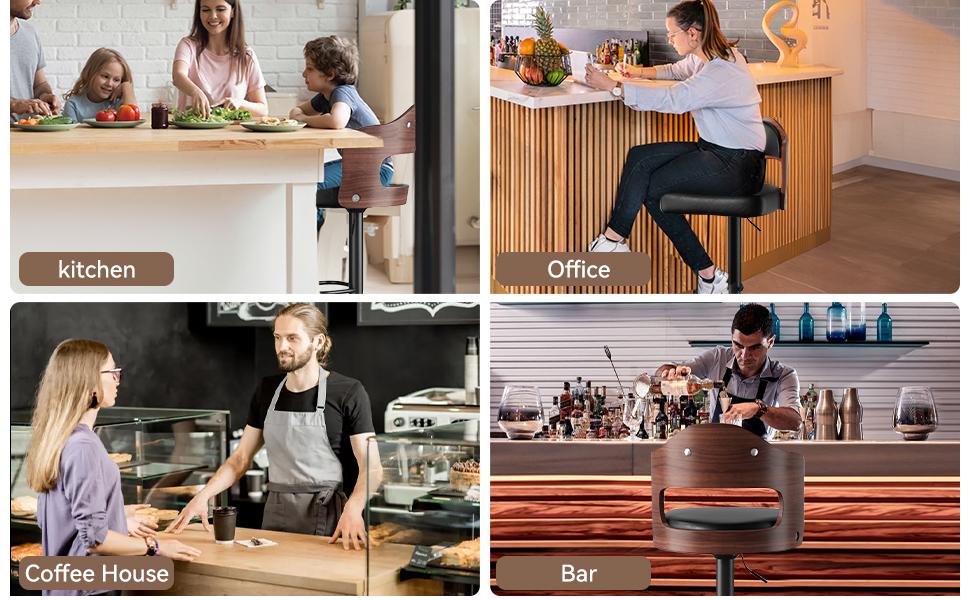 Swivel Bar Stools Set of 2 Seat Adjustable Height 24.5-33.5IN, Wooden Barstools PU Leather Upholstered Bar Chairs with Back & Footrest for Bar Kitchen Dining Room