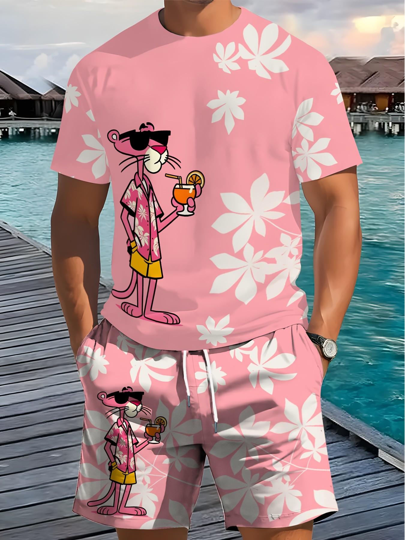 Summer Men's Fun Cartoon Sportswear Set, Streetwear Tracksuit Set, Short Sleeve T-Shirt & Floral Pants, Casual Summer Style for Travel