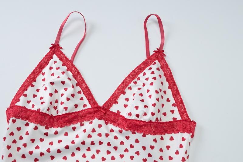 Women's Heart Print Contrast Lace Cami Top & Shorts Pyjama Set, Sexy Casual Comfy  Two-piece  Pj Set, Women's Sleepwear for Summer