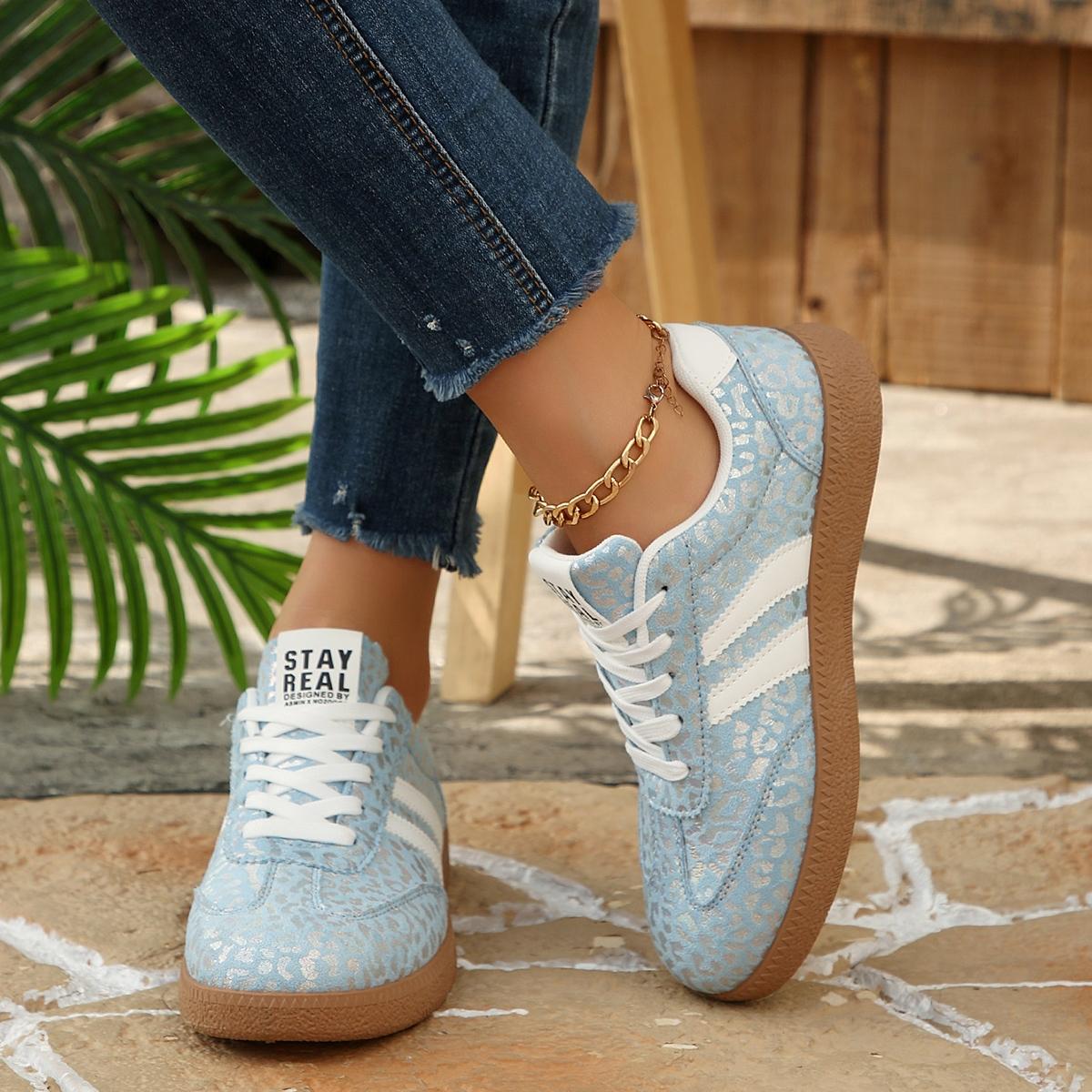 Vintage Leopard Print Sneakers, Pink/Blue, Comfortable Shoes for Commute & Shopping