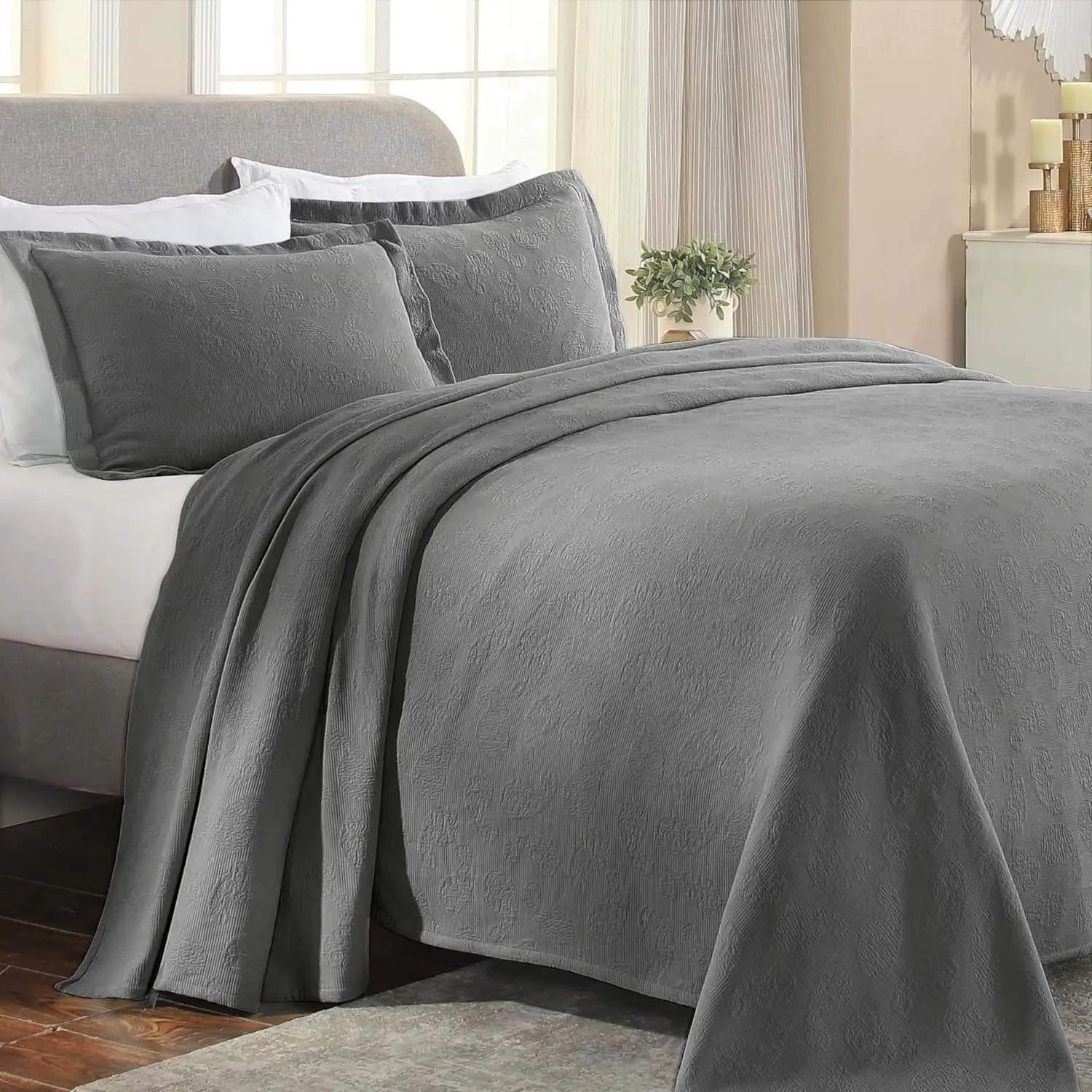 Jacquard Matelasse Paisley Cotton Bedspread King Grey 3 Pieces