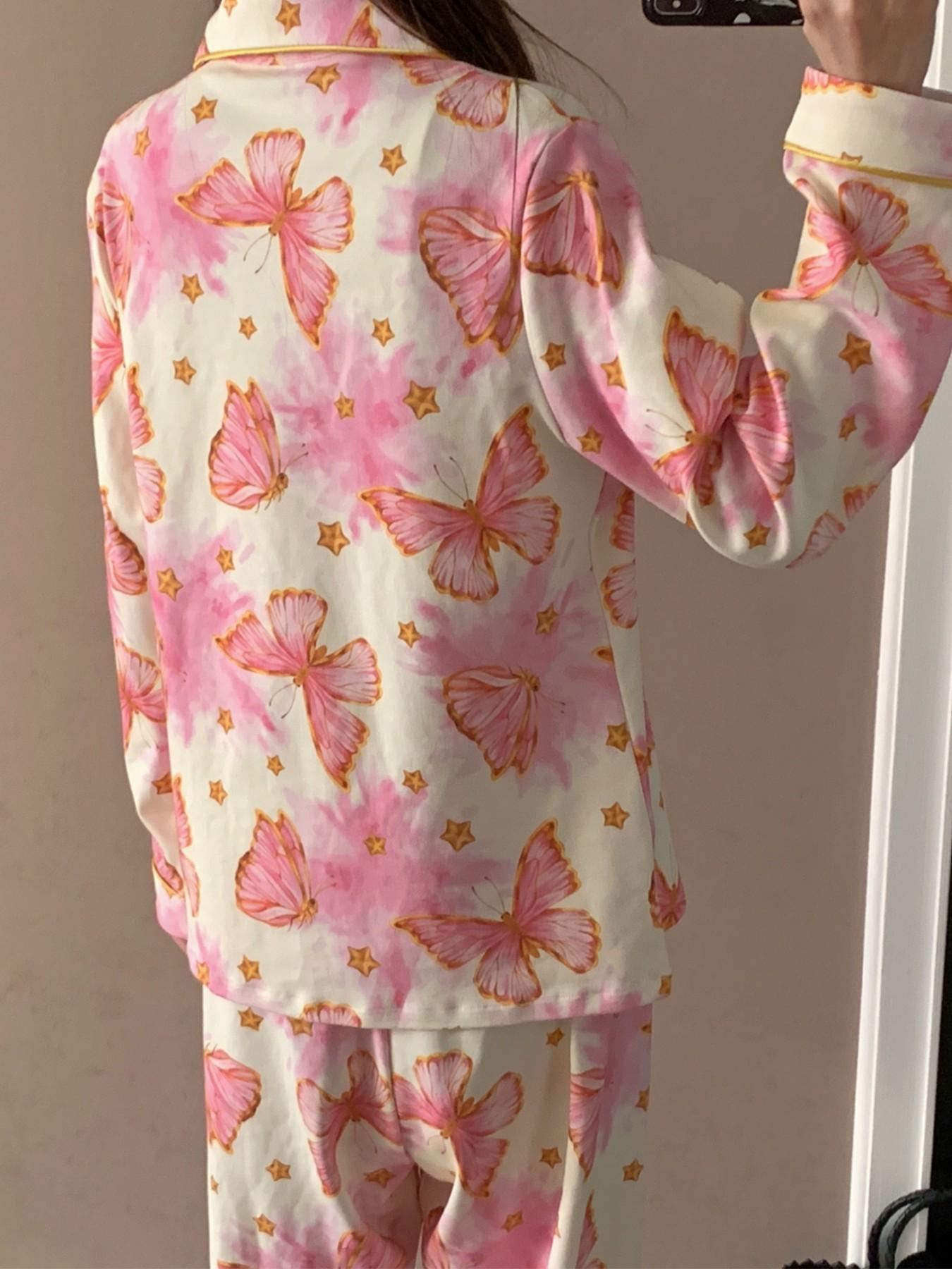 Elegant Open Front Sleepwear for Women, Comfortable Nightwear, Butterfly Print, Long Sleeve Fashion Pajamas, Pajama Set, Spring & Fall