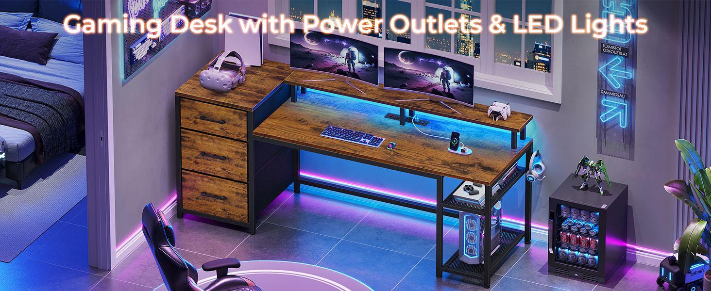 SEDETA 59" Office Desk with Drawers, Reversible Computer Desk with File Drawers & Storage, Gaming Desk with LED Lights & Power Outlet, Home Office Desks for Printer