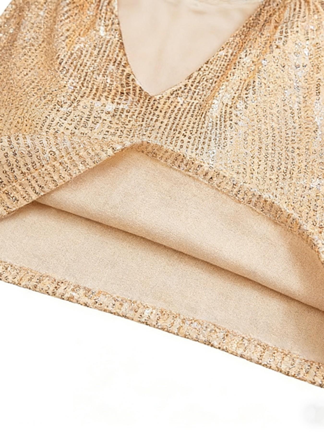 Women's V Neck Sequined Short Sleeve Top, Sparkling Backless Party Shirt, Stylish Casual Wear for Women, Perfect for Parties and Events