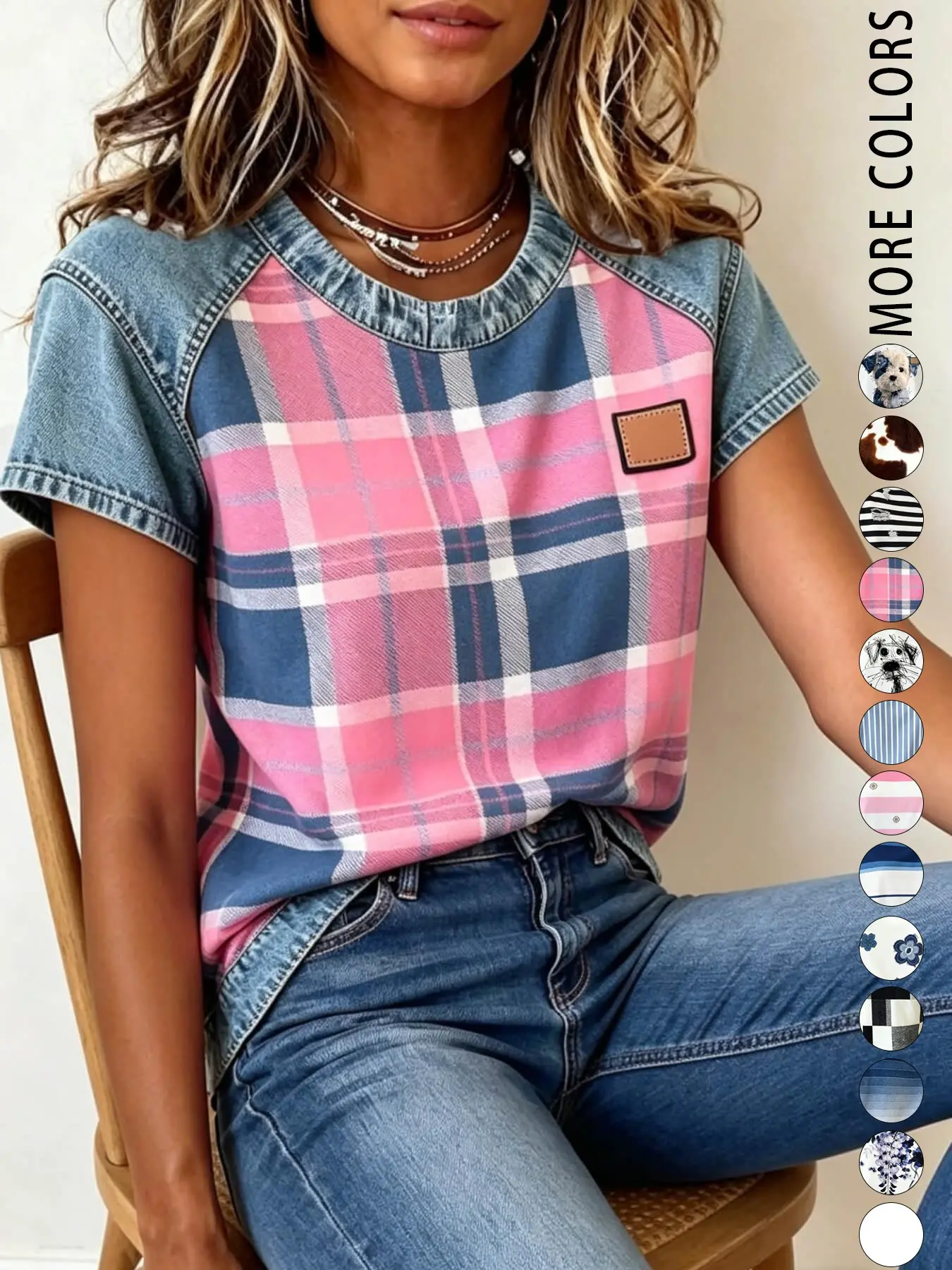 Women's Fashion Soft Casual Patchwork Colorblock Print Short Sleeve T-Shirt, Loose Fit Slimming Design, Summer Home Outdoor Wear