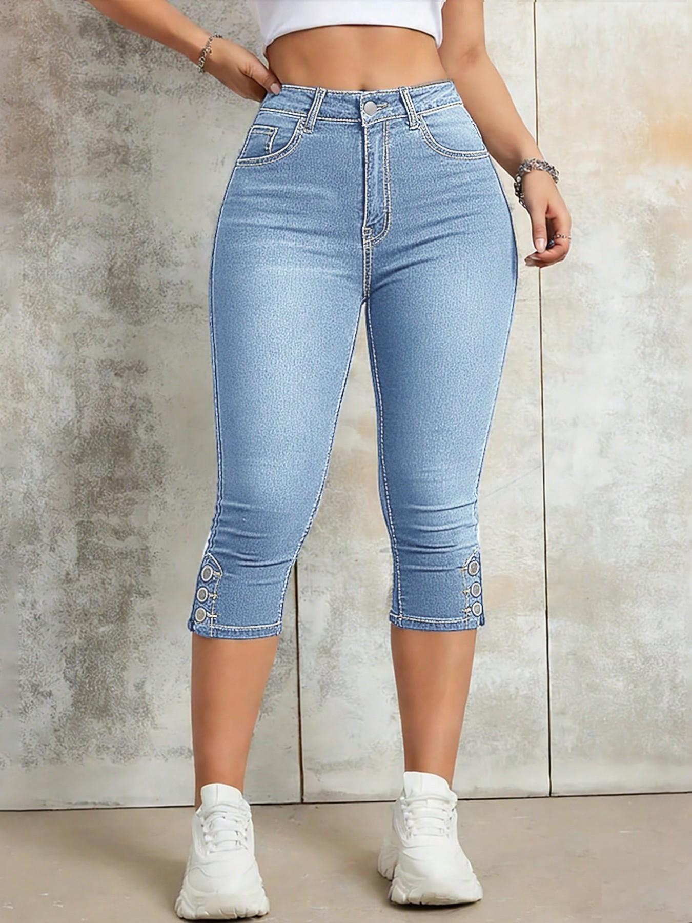 Women's Elastic Slim Fit Denim Capri Jeans, Button Fly Detail, Functional Pockets, Butt Lifting, Casual Daily Wear, Everyday, All Seasons Women's Elastic Slim Fit Denim Capri Jeans, Button Fly Detail, Functional Pockets, Butt Lifting, Casual Daily Wear, Everyday, All Seasons