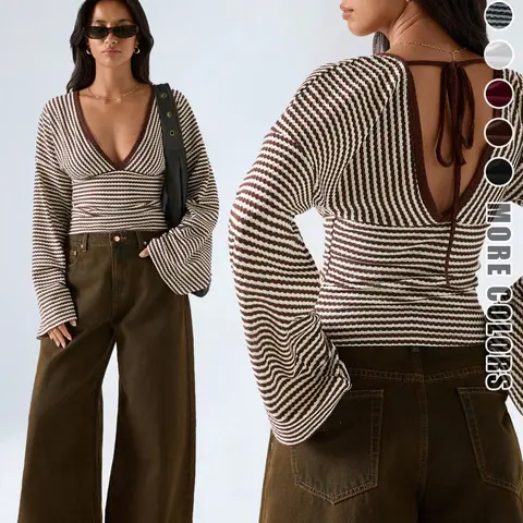 Vintage Hong Kong Style Striped Long Sleeve Top, Deep V Neck, Adjustable Back Tie, Flared Sleeves, Waist Cinch, Perfect for Weekend Outings