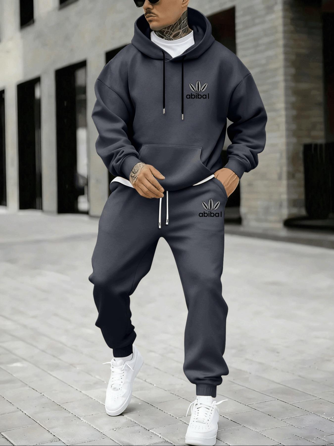 Hypemode Plus Size Set, Letter Print Geometric Long Sleeve Hoodie & Jogger Pants, Casual Style, Comfortable Fit, Cozy Set, Daily Wear, Fall & Winter Fashion