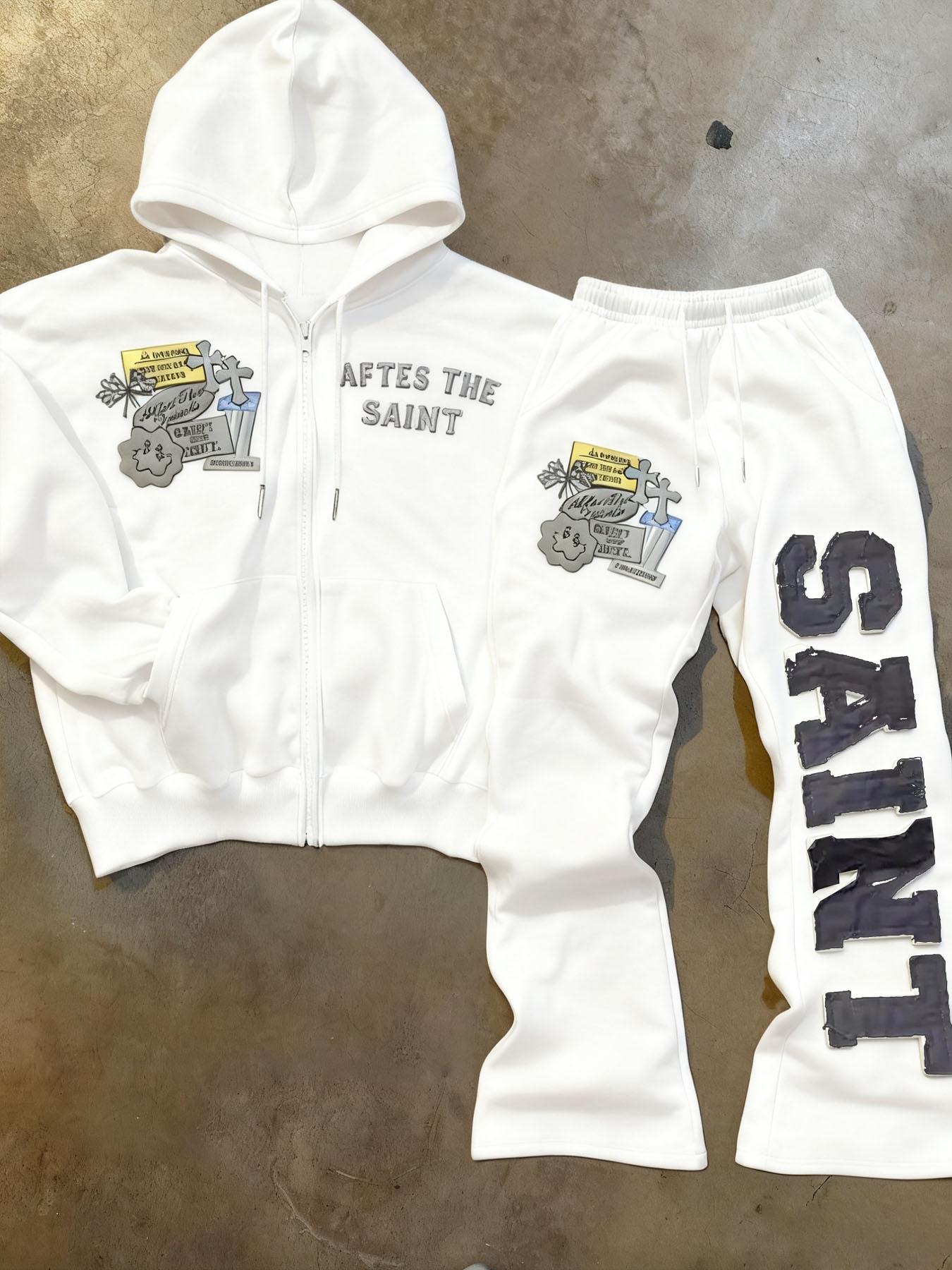 After the Saint Goth Graphic Tracksuit, with Avant-Garde Patches and Bold Text, Street Style for Fashion Enthusiasts