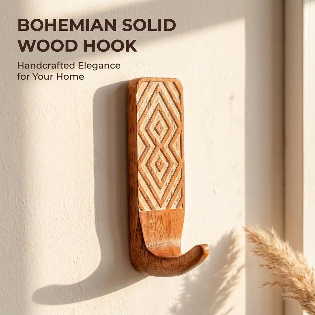 Boho Hand Carved Wooden Wall Hooks, 3 Pack Rustic Geometric Pattern, Wall Mounted Hooks for Coats, Bags, Towels, Keys