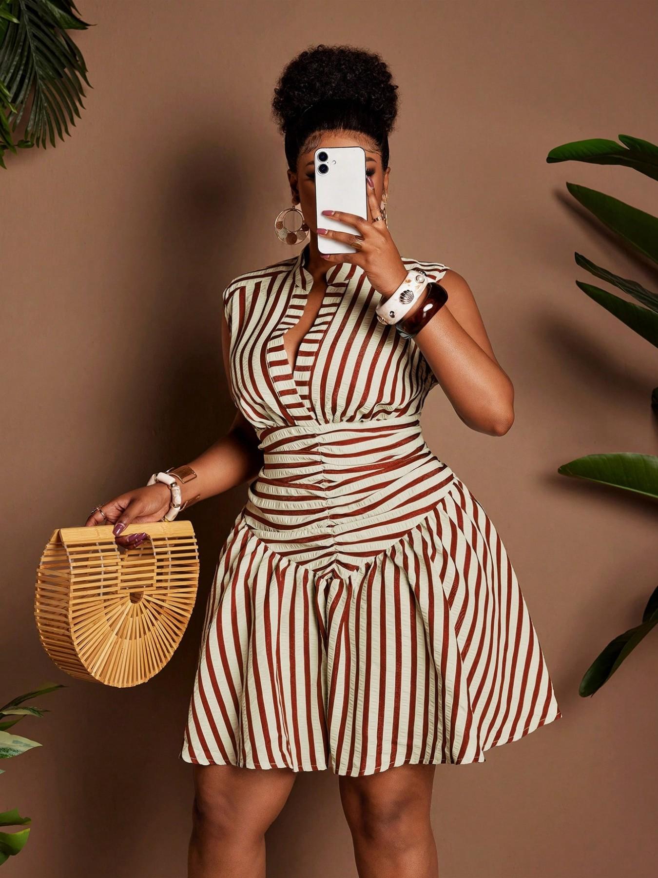 Plus Size Women's Striped Notched Neck Sleeveless Dress, Waist Cinched A-Line Short Dress, Summer Casual Fashion, Casual Wear Plus Size Women's Striped Notched Neck Sleeveless Dress, Waist Cinched A-Line Short Dress, Summer Casual Fashion, Casual Wear
