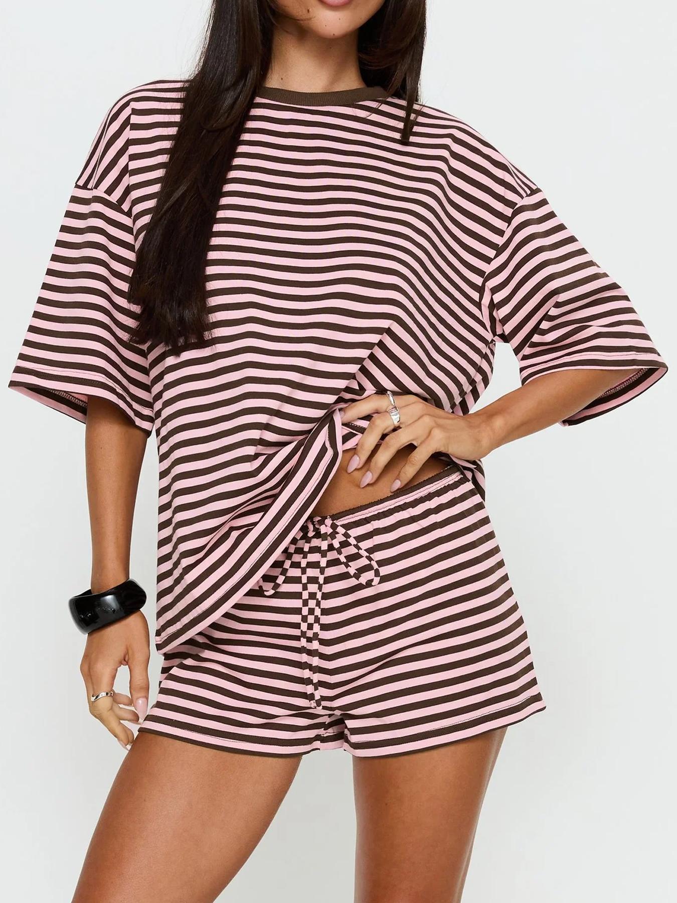 2 Spring Summer Striped Print 2 Piece Outfit Women Womenswear Clothes | Oversized T-Shirt + Drawstring Shorts | Soft Casual Lounge Set | Y2K Clean Girl Style for Daily Home Vacation Wear