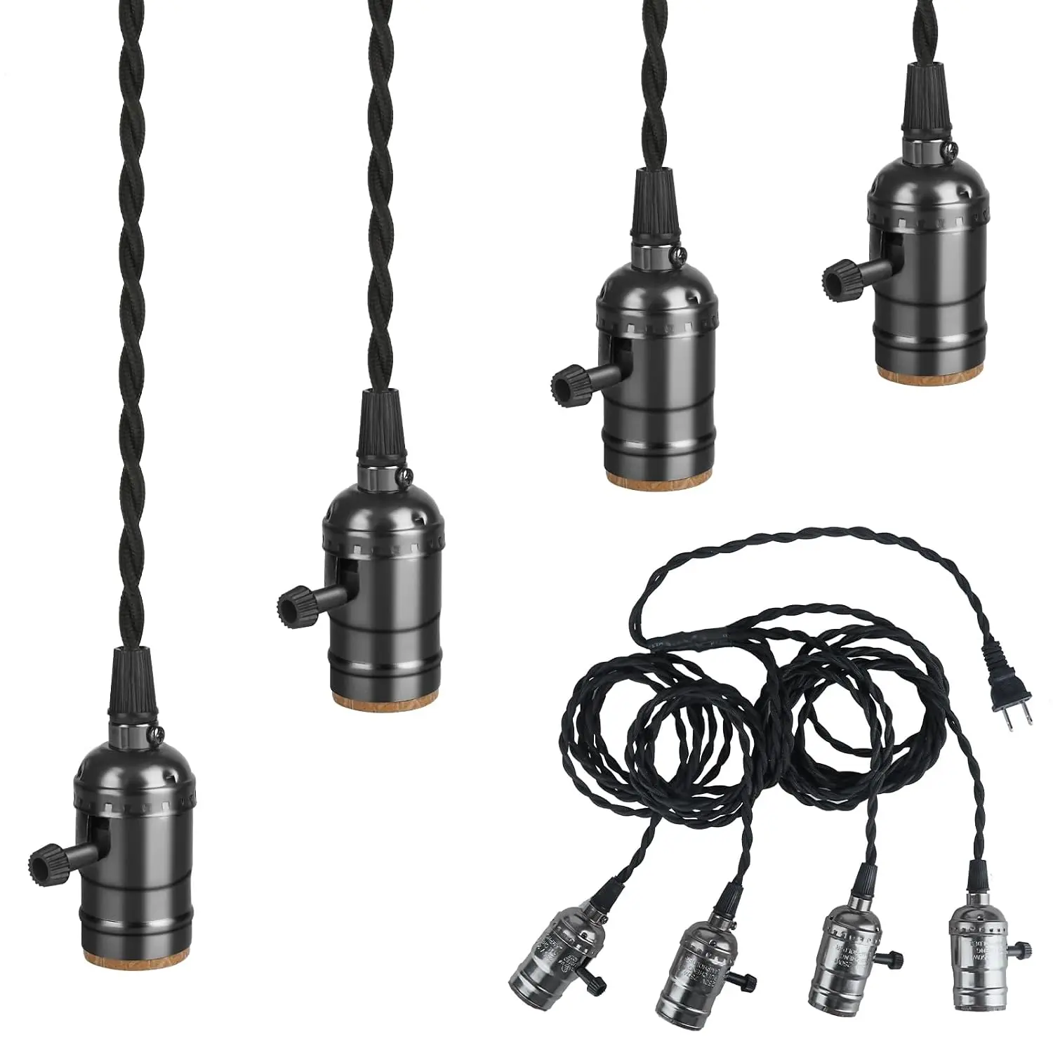 Vintage Plug-in Pendant Light Kit with 1-to-4 Hanging E26/E27 Sockets, Industrial Hanging Light with Individual Rotary Switches, Easy DIY Lighting for Living Room, Patio and Plant Corners,Black, Vintage Industrial DIY Light Fixture for Farmhouse