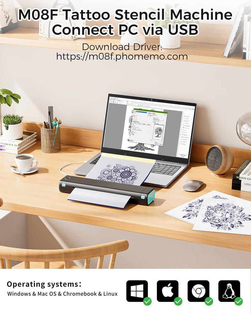 Phomemo M08F Tattoo Printer – Wireless Bluetooth Thermal Printer for Tattoo Artists & Beginners, Compatible with Smartphone, Tablet & PC, Ideal for On-the-Go Tattoo Transfers