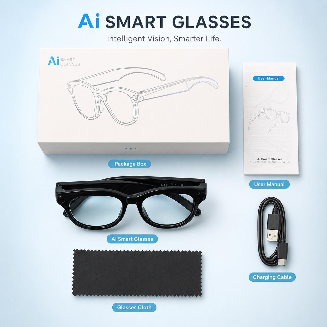 SENBONO Multifunctional Smart Glasses with Ai Assistant, HD Recording, Bluetooth-compatible Music Calling, Dual Mic Noise Reduction, LED Flashlight, 8mp Camera