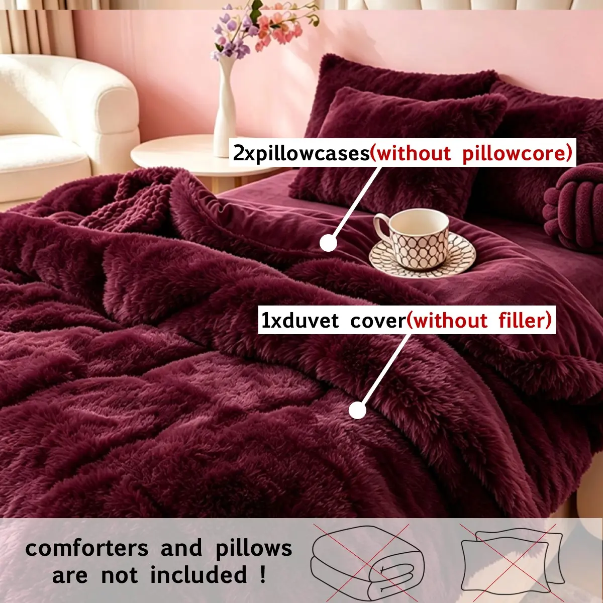3 Piece Luxury Fluffy Duvet Cover Set, 1 Mink-Style Plush Duvet Cover + 2 Matching Pillowcases, Soft Warm Bedding for Comfortable Fall and Winter Nights, Home Bedroom, Guest Room and Dorm, Multiple Colors and US Sizes Available, Duvet Insert Not Included