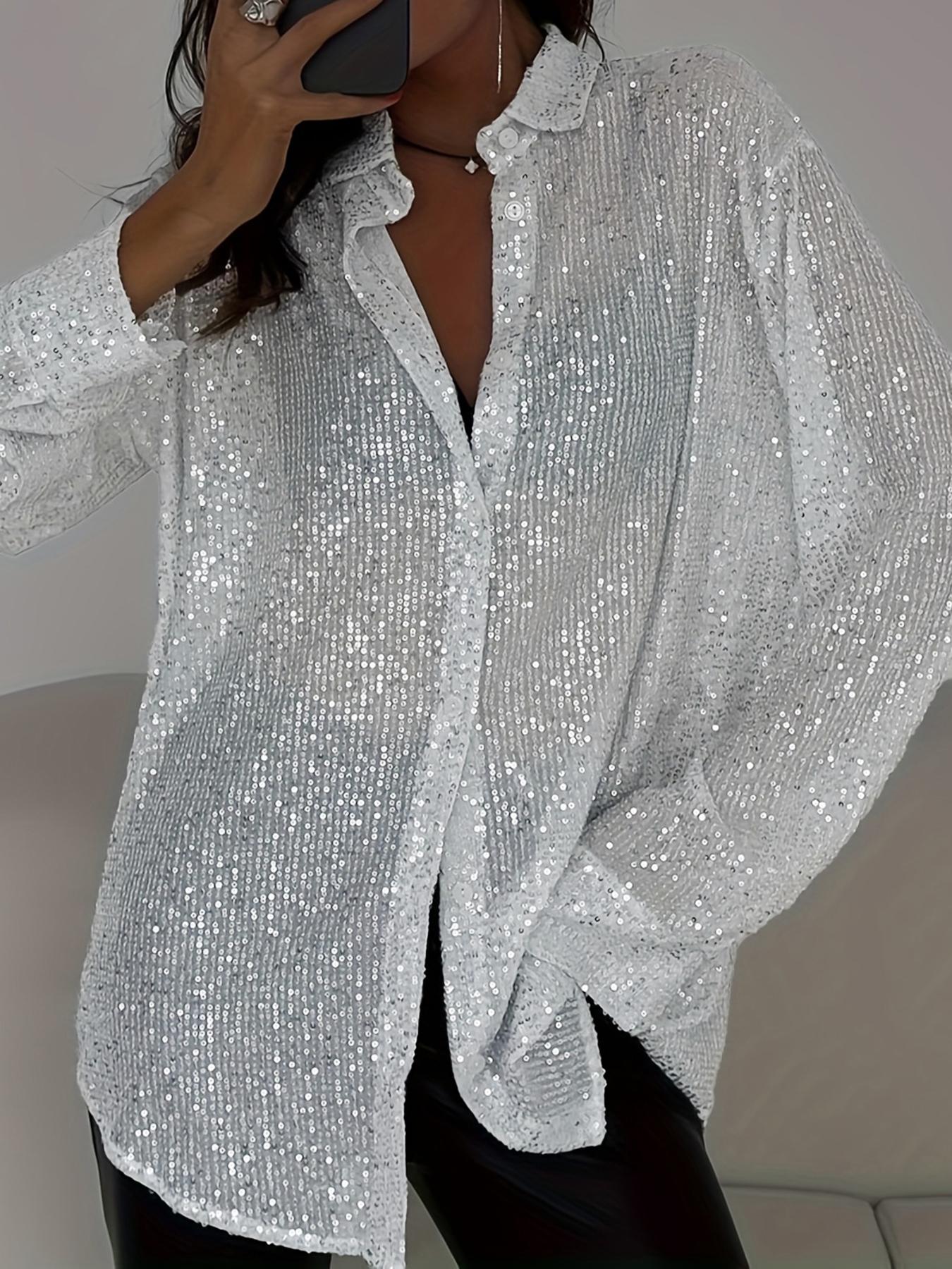 Women's Sequined Sheer Long Sleeve Button Shirt, Elegant Blouse Top for Parties & Daily Wear, Stylish Women's Clothing