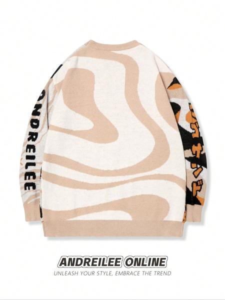 Autumn Winter Unisex Casual Knit Pullover Sweater, Round Neck Long Sleeve Cartoon Pattern Top, Loose Fit School Back-To-School Wear