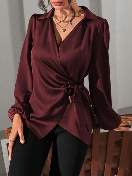Women's Solid Color Satin Long Sleeve Shirt Blouse with Side Tie and Bubble Sleeves, Stylish and Versatile Top for All Occasions