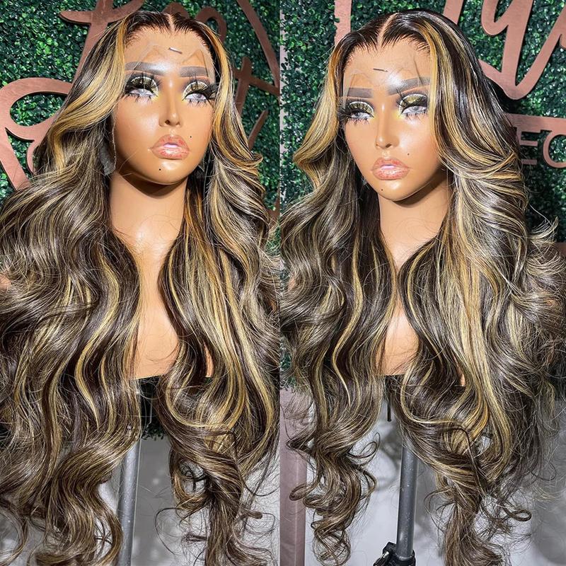 QUANDIAN FB/27 Balayage Highlight Lace Front Wig Human Hair Pre Plucked 210% Density 13x6 HD Lace Virgin Human Hair Body Wave Ombre Wig Springtok