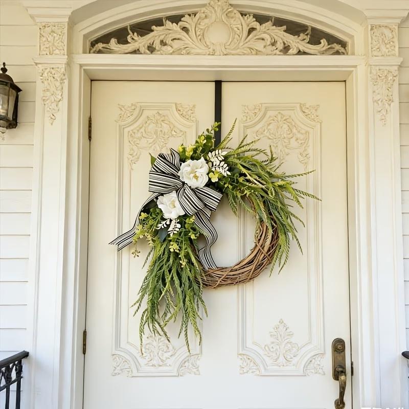 16-Inch Artificial Camellia Grapevine Wreath, Realistic Greenery Front Door Wreath with Striped Bow, Perfect for All-Season Farmhouse Decor