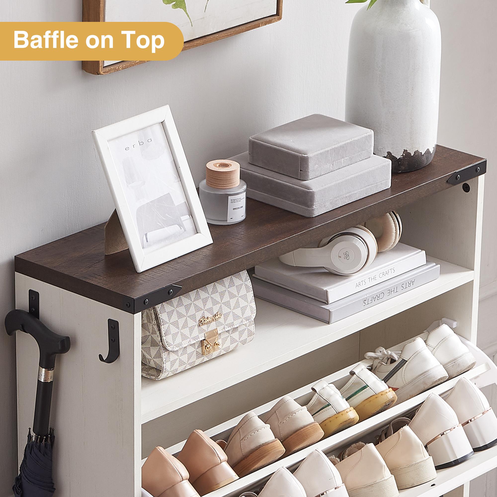 PieDle Furniture Shoe Storage Cabinet,Farmhouse Shoe Organizer with 2-4 Flip Drawers & Barn Door Design,Freestanding Hidden Slim Narrow Shoe Rack Cabinet with Open Storage for Entryway, Foyer,Hallway