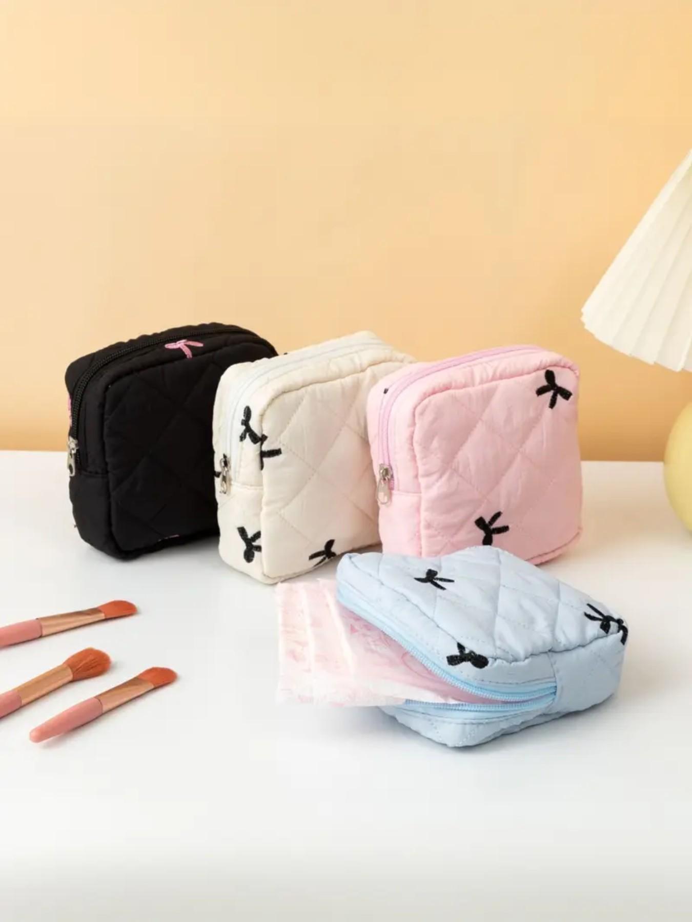 Bow Embroidery Quilted Makeup Bag, Small Portable Cosmetic Pouch for Women, ONLY 1 PC