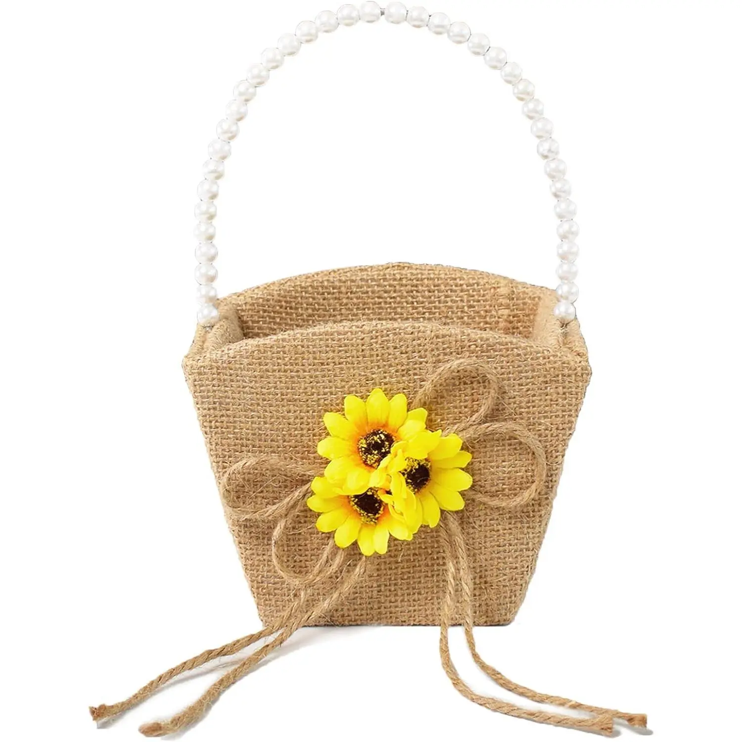 Rustic Flower Basket with Pearl Handle Burlap Wedding Flower Girl Basket Sunflower Design for Vintage Wedding Ceremony