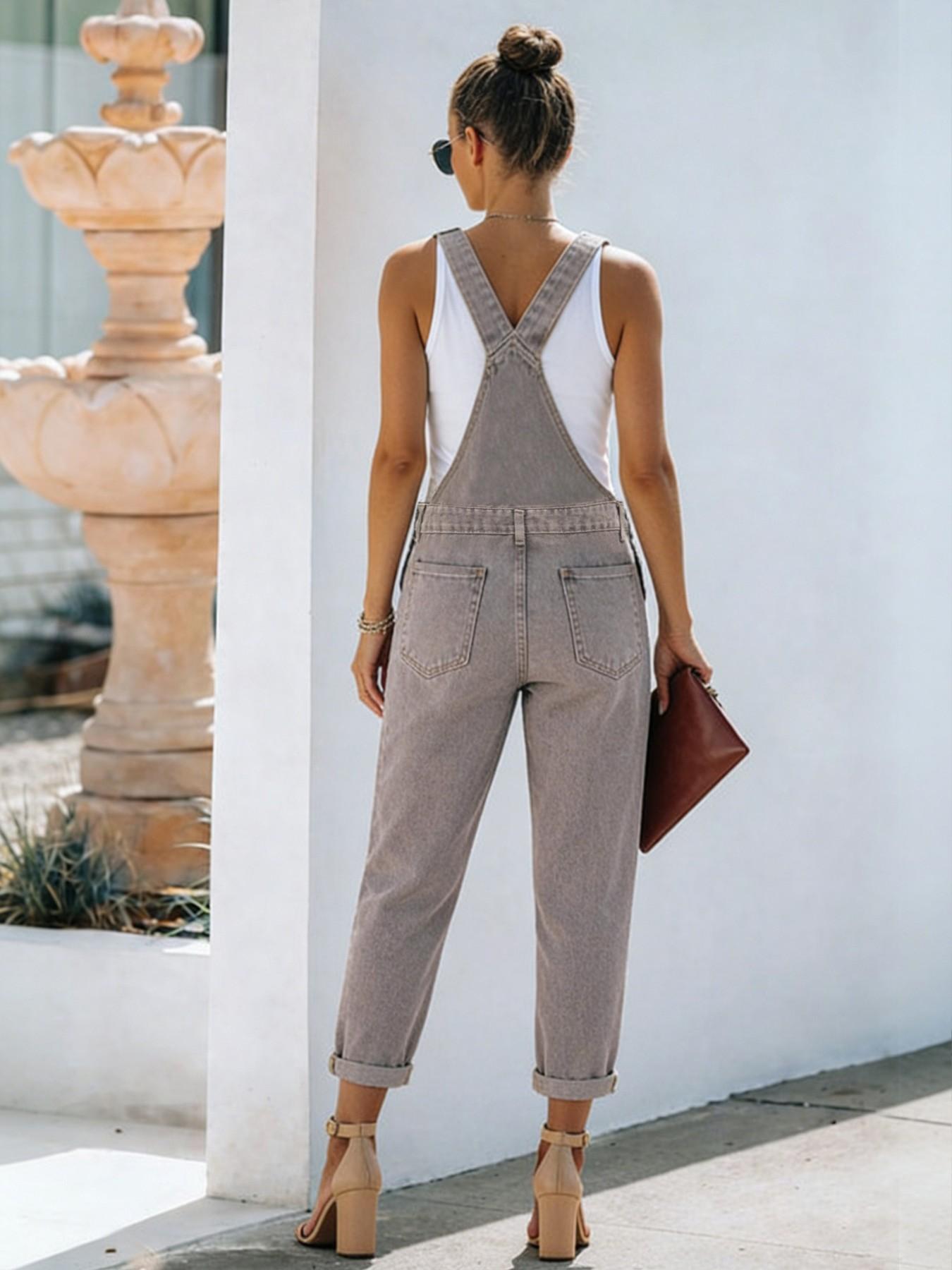 Summer New Denim Bib Pants Overalls Solid Color Loose Fit Women's Jeans Bib Pants Casual Daily Wear Versatile