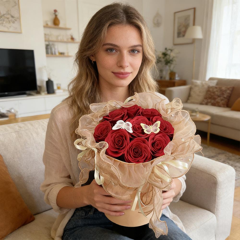Scented Soap Rose Bouquet in Clear Box, 10.6" Pre-wrapped Eternal Fake Flowers with Butterflies, Luxury Gift for Mom Wife Girlfriend, Mother's Day 2026 Romantic Anniversary Centerpiece