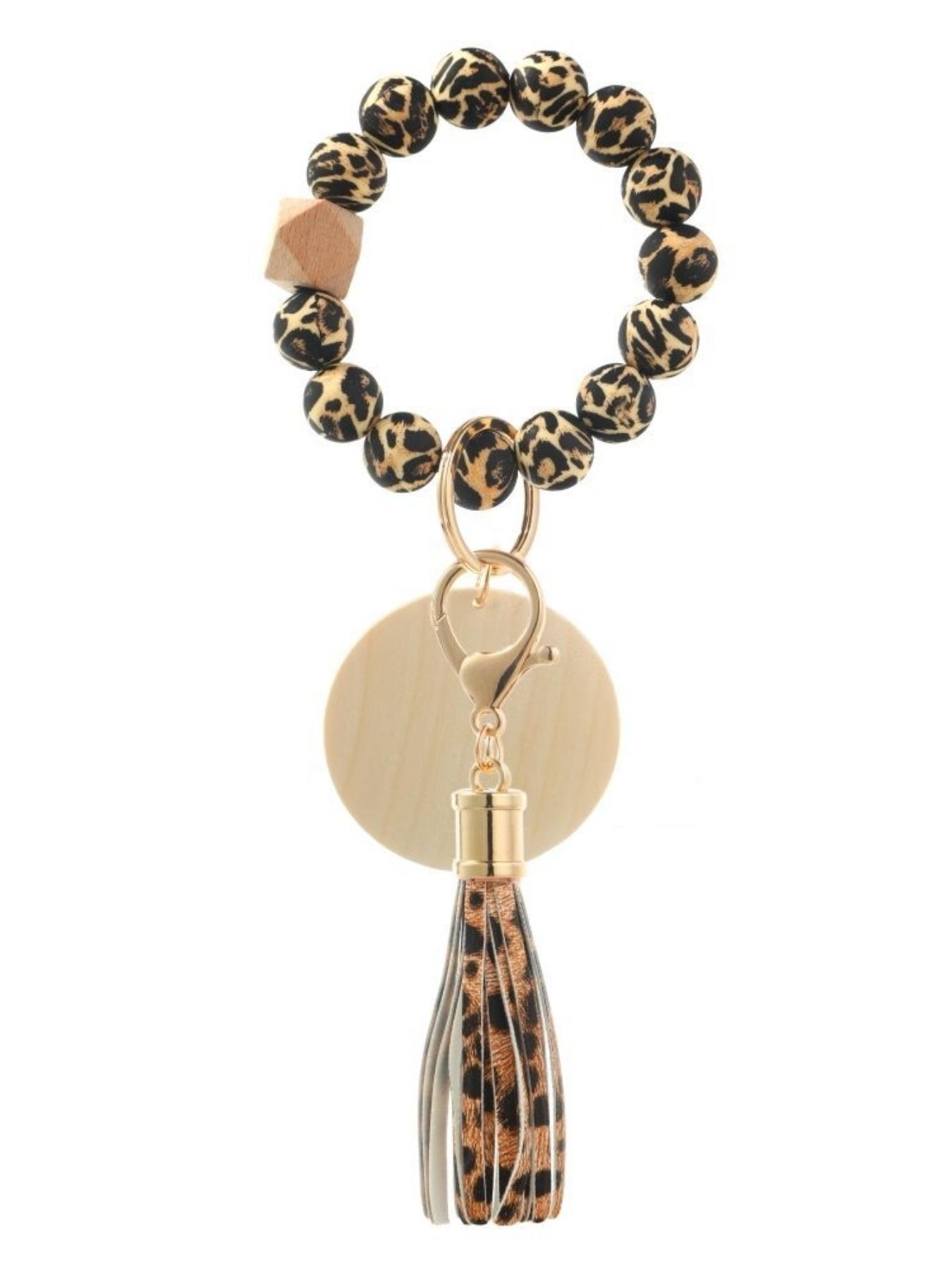 Women's Leopard Print Silicone Bead Wood Bead Tassel Bracelet Keychain, Printed Silicone Bead Wood Slice Wrist Keychain Logo Wooden Plate