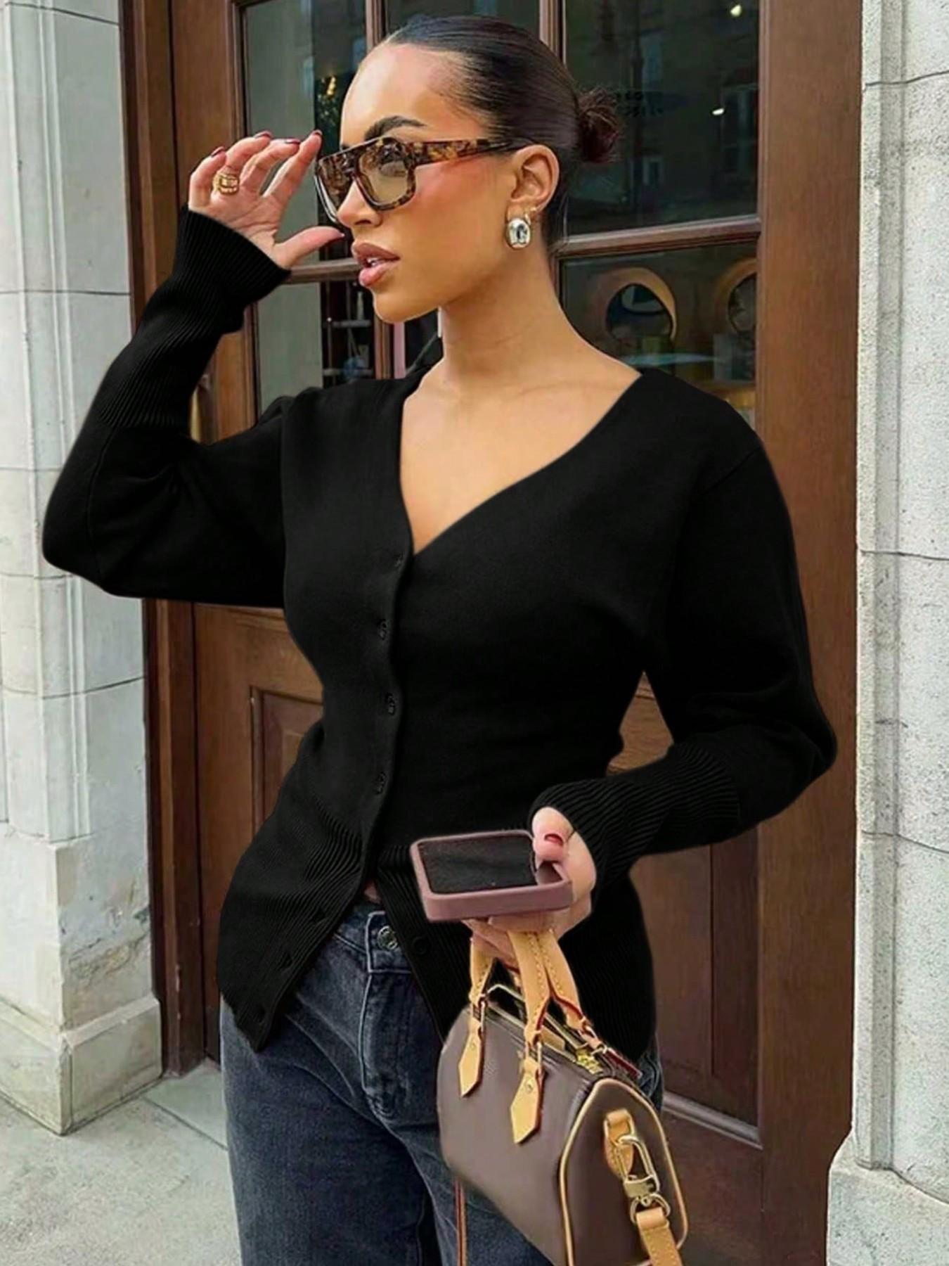 Women's Solid V-Neck Cardigan Long Sleeve Button Front Ribbed Knitwear Elegant Slim Fit Sweater Top Fall Winter Daily Wear Fashion Knit Clothing Ladies Casual Outfits Knitting