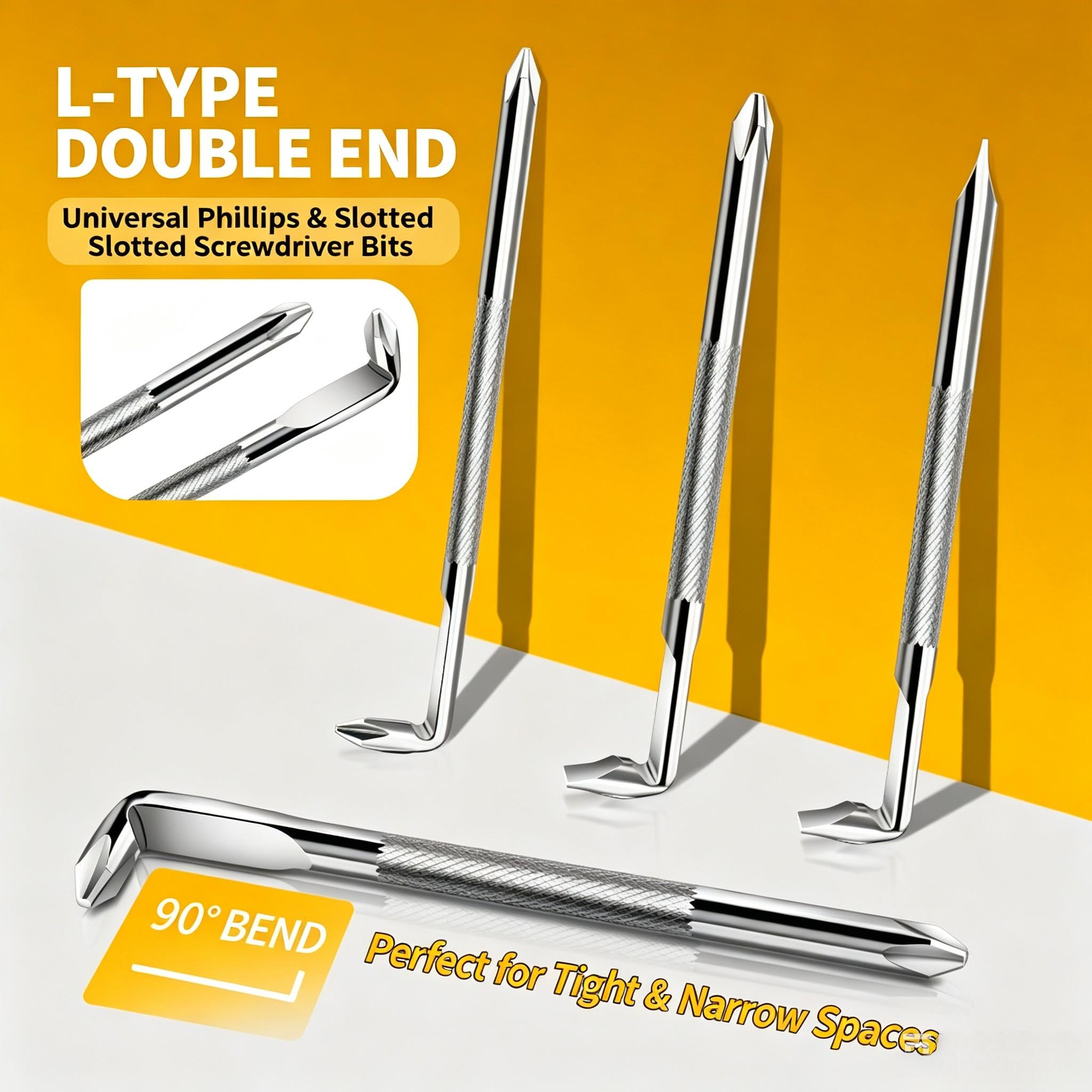 4PCS Offset L Screwdriver Tool, 90 Degree Right Angle Double End Phillips & Slotted Screwdriver Bits for Tight Hard-to-Reach Areas