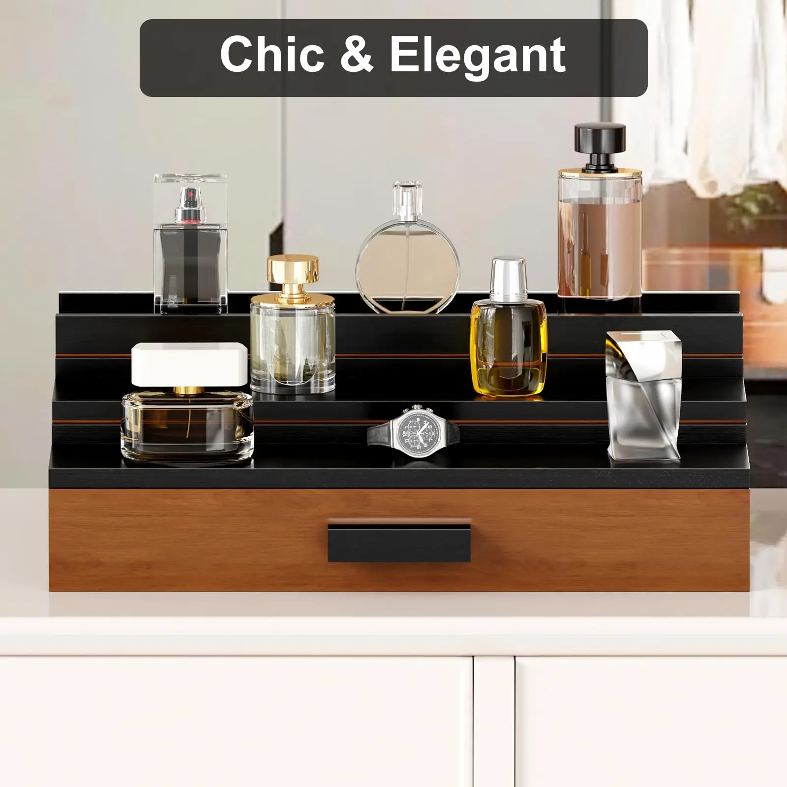 Wooden Cologne Organizer for Men, 3 Tier of Elevated Cologne Display Shelf with Drawer Storage Perfume Organization and Storage Display Risers