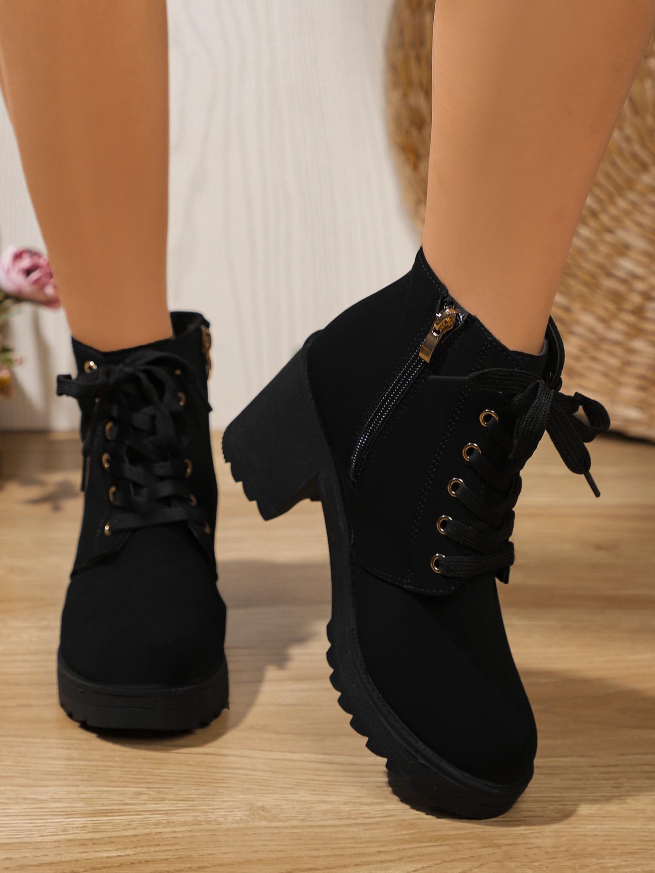 Women's Chunky Heel Thick Sole Ankle Boots, Side Zipper Lace-Up High Heel Boots, Fall Winter Casual Fashion Shoes Women's Chunky Heel Thick Sole Ankle Boots, Side Zipper Lace-Up High Heel Boots, Fall Winter Casual Fashion Shoes
