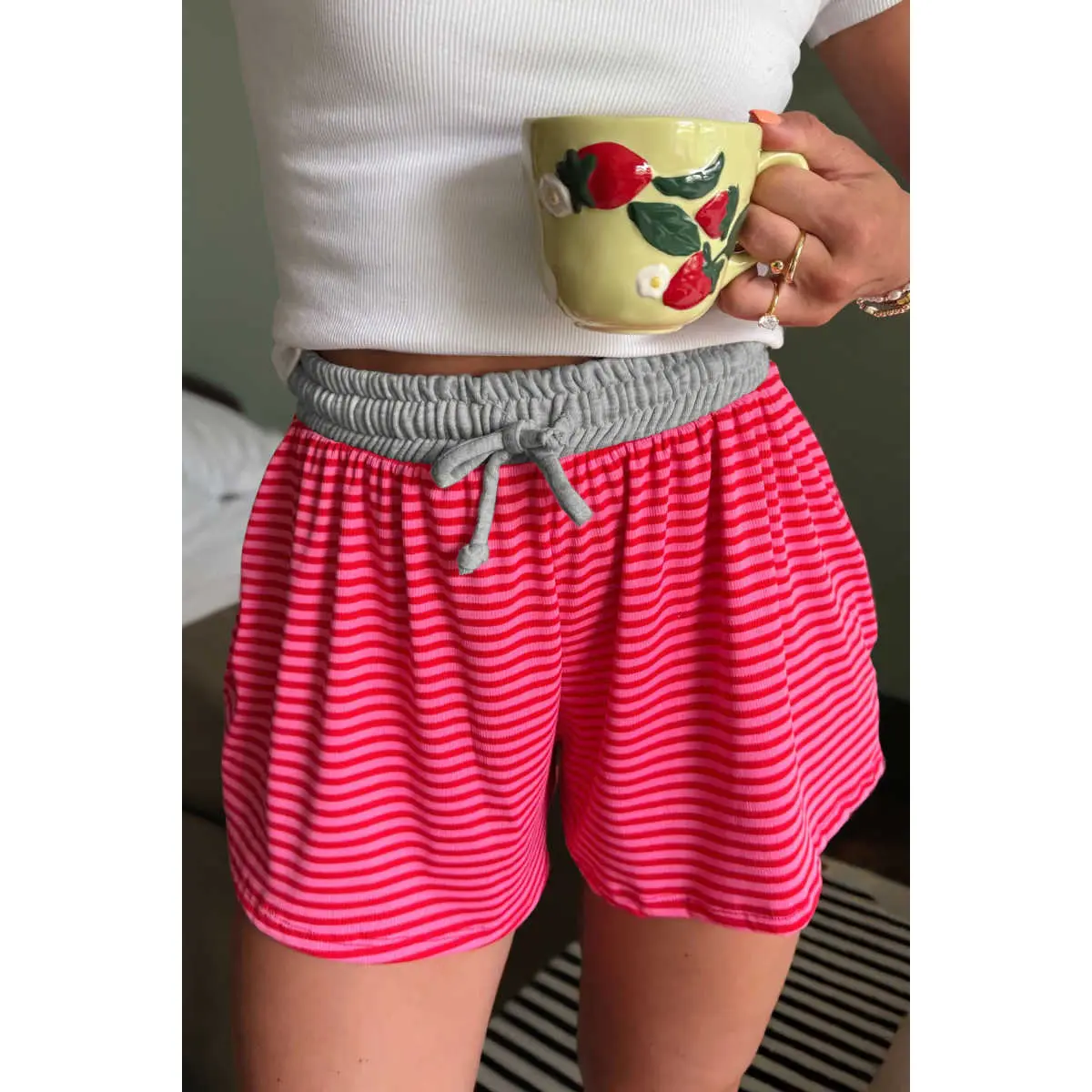 Rose Stripe Contrast Elastic Waist Casual Ribbed Shorts Bottoms Fabric