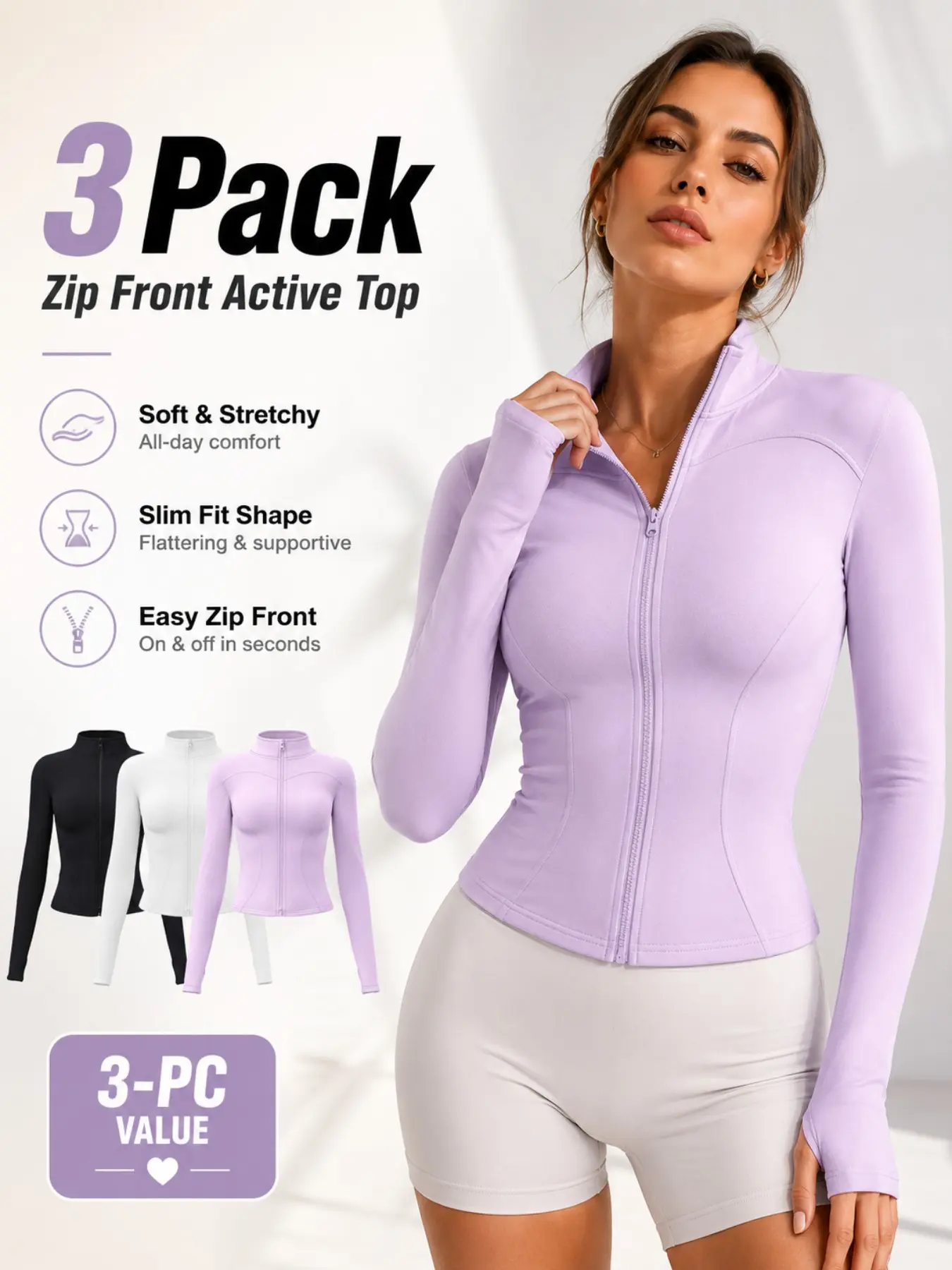 Women Long Sleeve Zip Up Activewear Sports Jacket, Sporty Slim Fit Stand Collar Athletic Top With Thumb Holes, Figure Flattering Tight Yoga Running Fitness Jacket, S-3XL, Size Up For A More Comfortable Fit