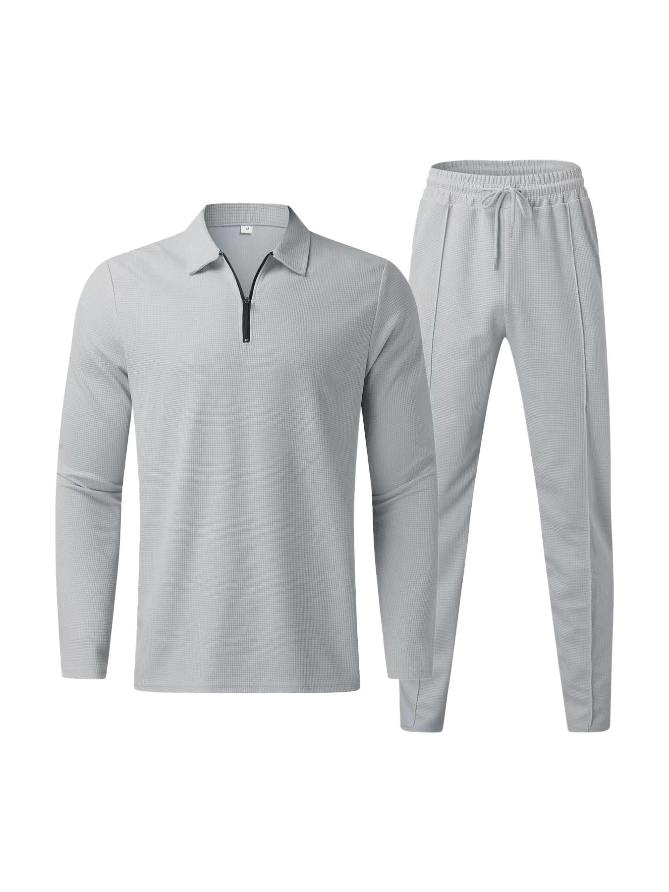Men's Solid Half Zipper Collared Polo Shirt & Drawstring Pants Set, Casual Textured Long Sleeve Top & Trousers for Spring & Fall, Men's Two-Piece Outfits