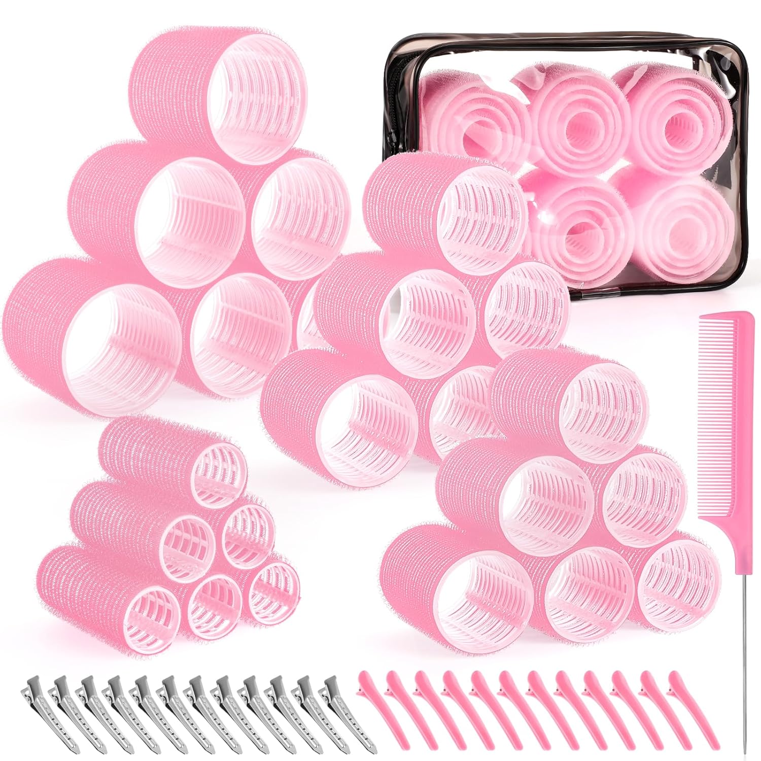 4 Sizes Self-Grip Hair Rollers Set for Long Short Hair and Bangs 50 Pcs with Clips 25mm 36mm 48mm 60mm Pink Versatile Styling Tools