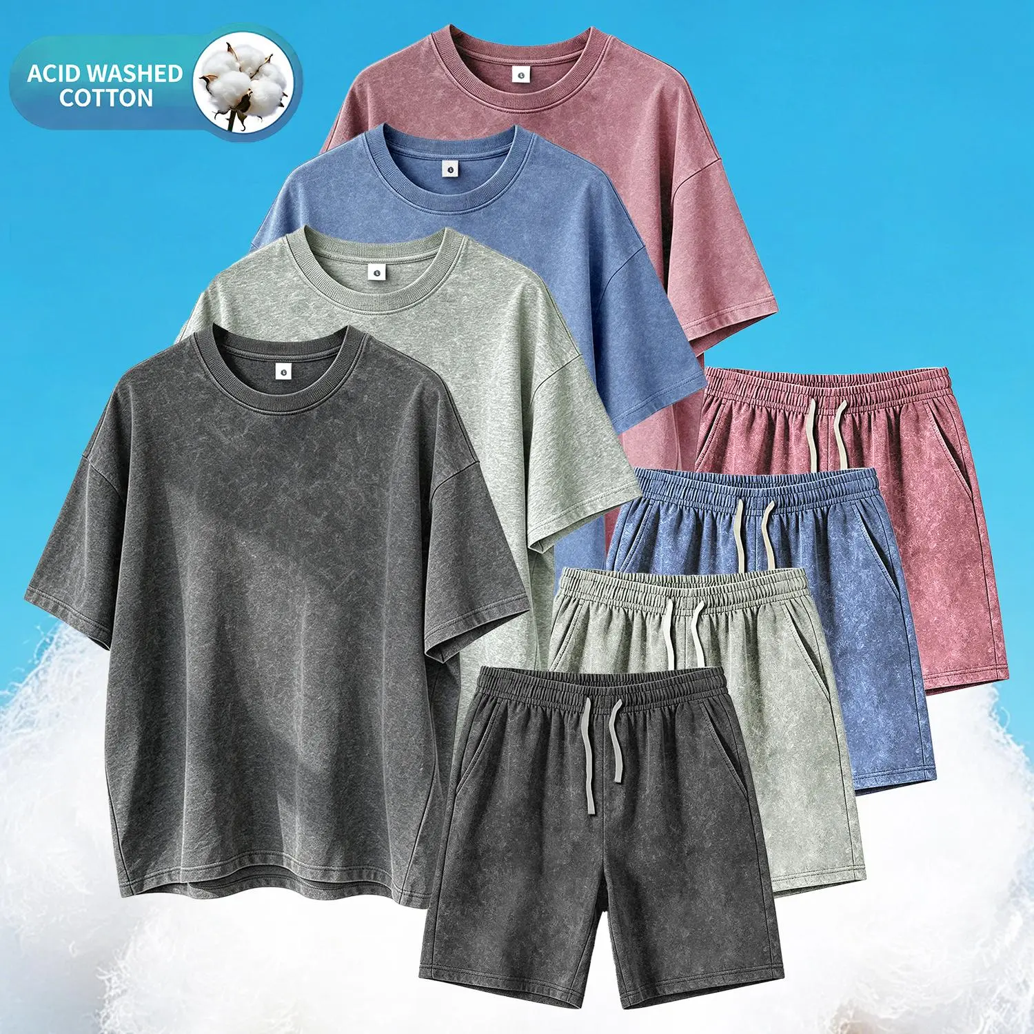 2 Piece Men's Outfits Acid Wash Short Sets Vintage T-Shirt Lightweight Breathable Cotton Tee and Drawstring Shorts Set Retro Y2K Grunge Streetwear Co-ords Summer Casual Matching Sweat Tracksuit Male Gym Loungewear Aesthetic Clothing Regular Fit Faded Look