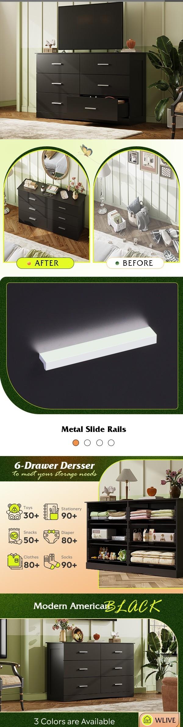 WLIVE Dresser with 6 Drawers, Wide Wooden Chest of Double Drawers for Bedroom, Large Storage Tower Unit, Modern Minimalist Closet Store Organizer for Living Room