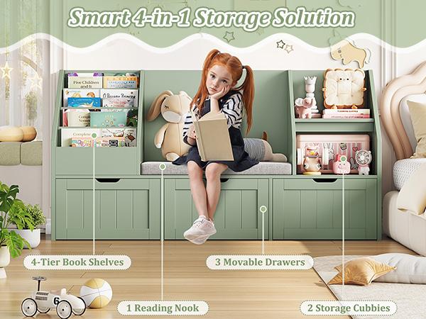 FOTOSOK 55.1'' Kids Bookshelf with Reading Nook, Toy Storage Organizer with Seat Cushion and 3 Movable Drawers, Kids Reading Nook Toy Organizers and Storage with Bench for Playroom