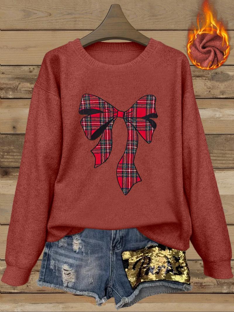 [Autumn and Winter] Red plaid bow print women's casual and fashionable round neck imitation wool top, pattern print comfortable round neck imitation wool top, suitable for autumn and winter season, a gift for mother