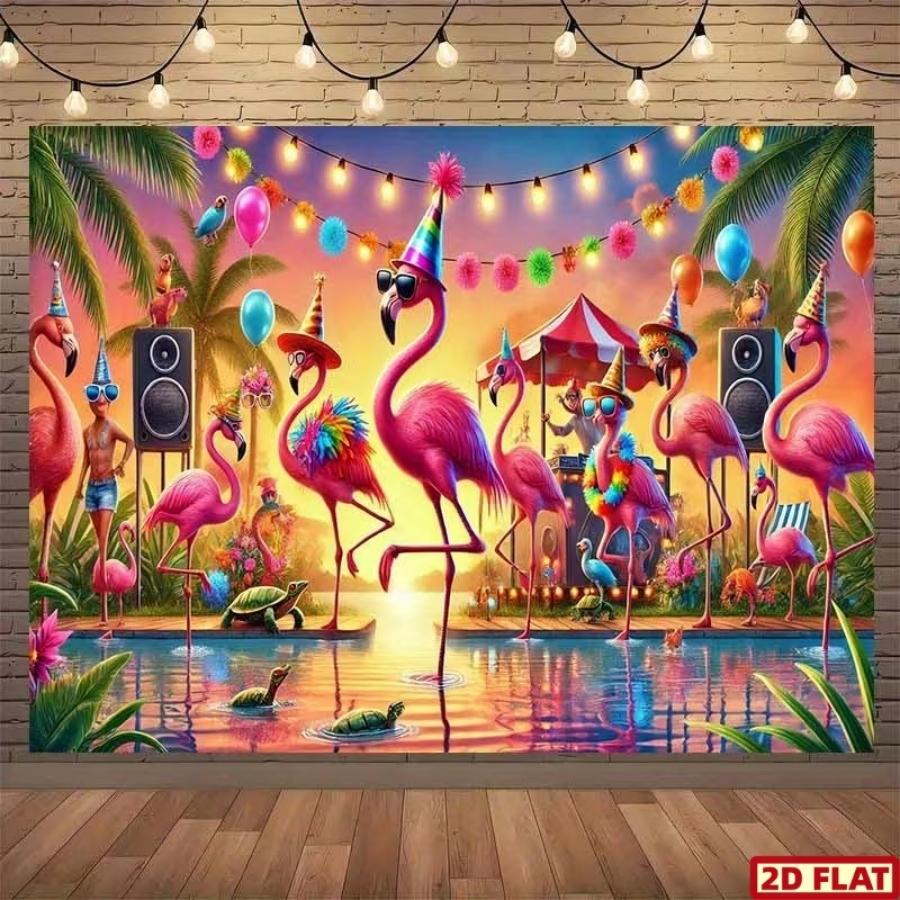 Hawaiian Bright Flamingo Party Backdrop Banner, Tropical Beach Scene, Polyester Material, Festive Decor for Summer Parties